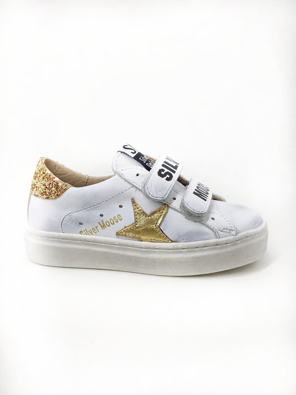 Sneakers Golden Star piel Blanco Glitter Oro con Velcro Yowas - Imagen 1