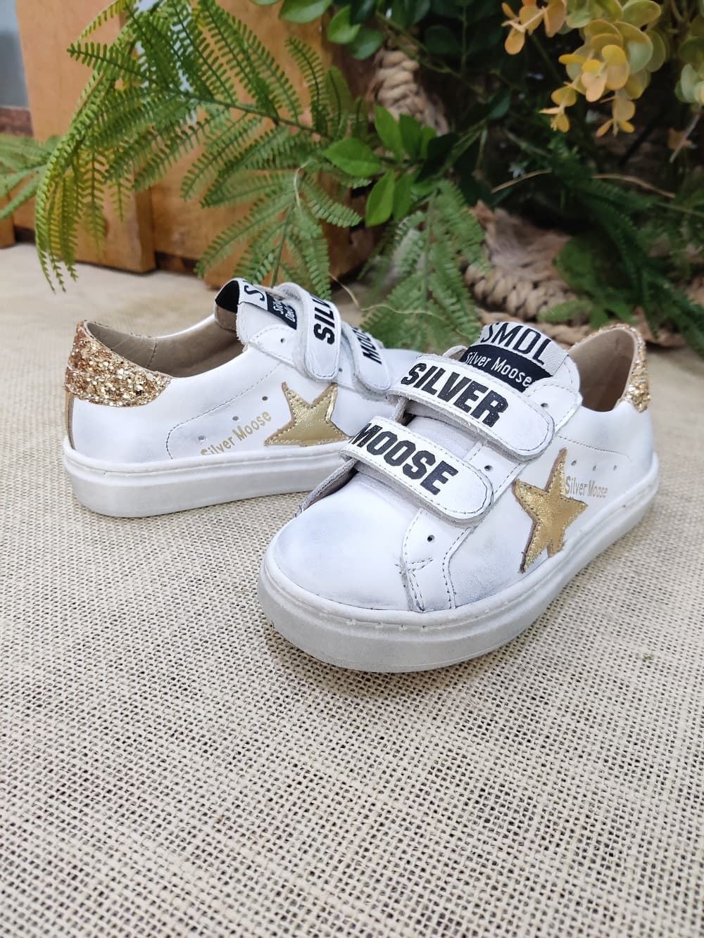 Sneakers Golden Star piel Blanco Glitter Oro con Velcro Yowas - Imagen 5