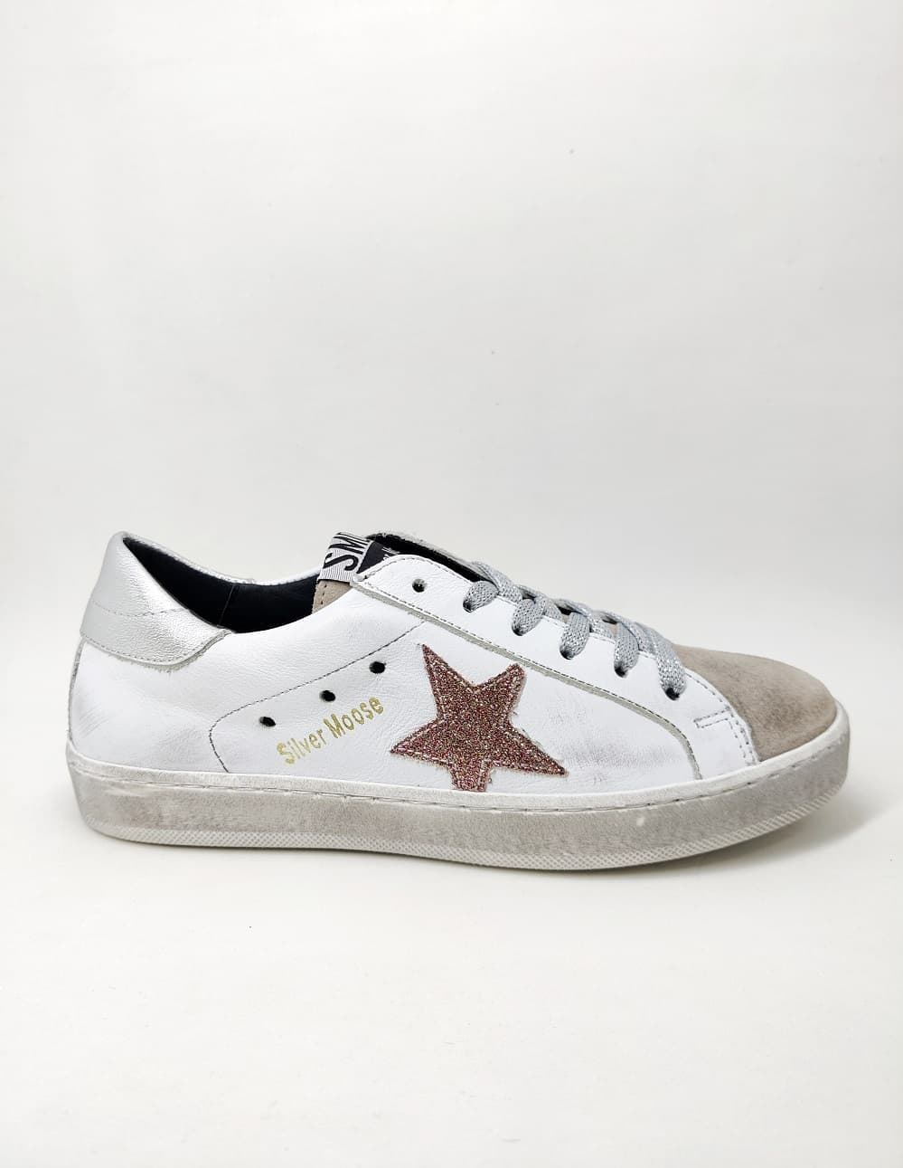 Sneakers Golden Star piel Blanco Glitter Rosa - Imagen 1