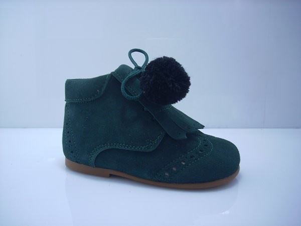 Bottle green baby boot with pompoms - Image 1