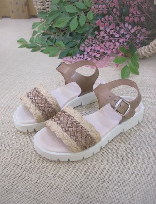 Girls Leather and Raffia Sandals Taupe-Sand - Image 1