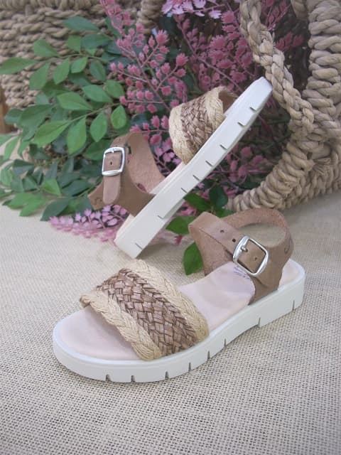 Girls Leather and Raffia Sandals Taupe-Sand - Image 2