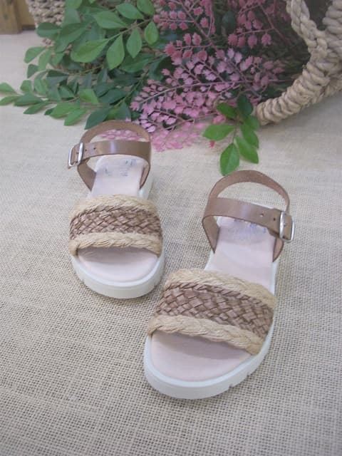 Girls Leather and Raffia Sandals Taupe-Sand - Image 3