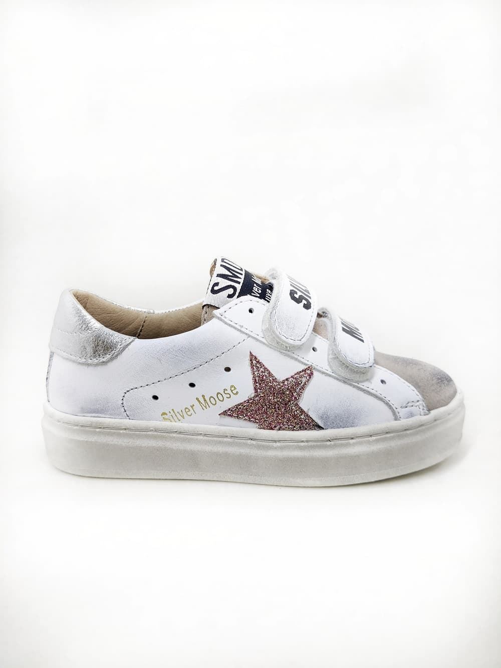 Golden Star White Pink-Silver leather sneakers with Velcro Yowas - Image 1