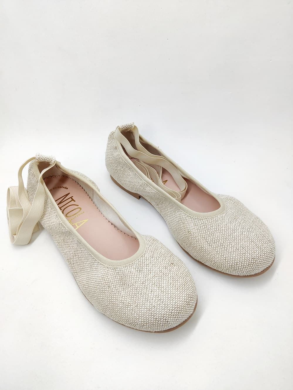 Ruth Secret Ballerinas in Rustic Linen with ribbons - Image 2