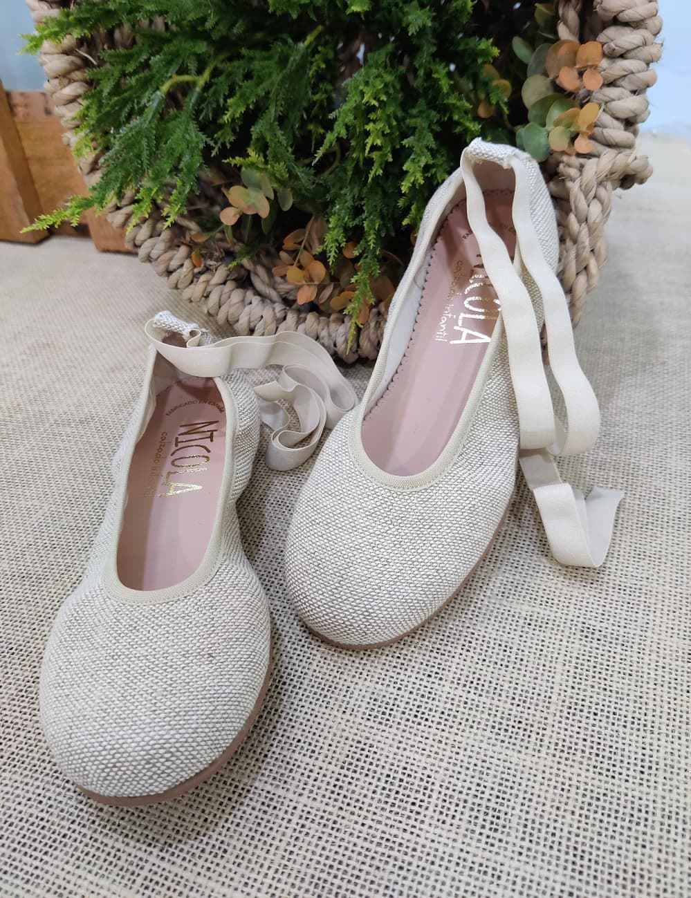 Ruth Secret Ballerinas in Rustic Linen with ribbons - Image 4