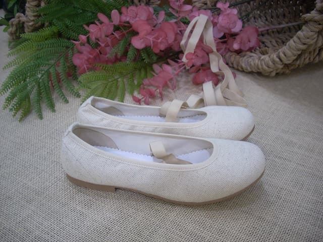 Ruth Secret Girl's Ballet Flats Rustic Linen with Ribbons - Image 2