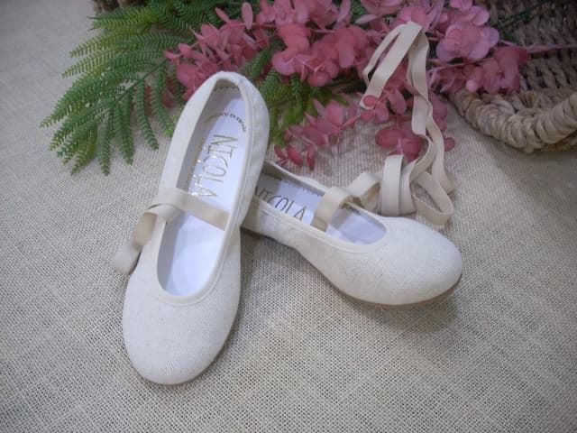 Ruth Secret Girl's Ballet Flats Rustic Linen with Ribbons - Image 3